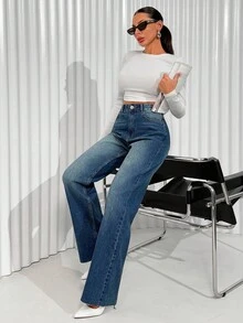 EURMUSE 低腰水洗细节直筒牛仔裤 - 中等水洗藍 - 查看 1