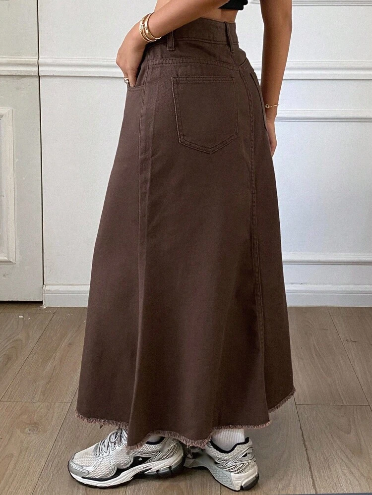Women's Casual Solid Color Frayed Hem Denim A-Line Skirt, Autumn Jeans Skirt