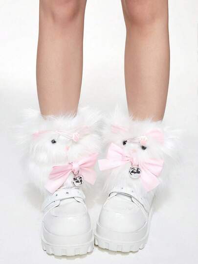 Kawaii 1 Pair Cute Bow Leg Warmers, Adorable Fluffy Cat Bell Bow Leg Warmers, Warm Daily Long Fur Leg Warmers (Bow, Hair Clip Detachable)