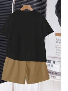 SHEIN 2pcs Tween Boys Casual Round Neck Short Sleeve T-Shirt And Shorts Set, Summer - Khaki - View 2