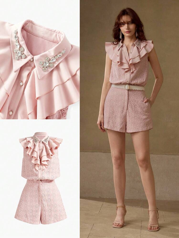 MACACÃO FEMININO ELEGANTE DE CINTURA FINA COM BABADOS E CONTAS