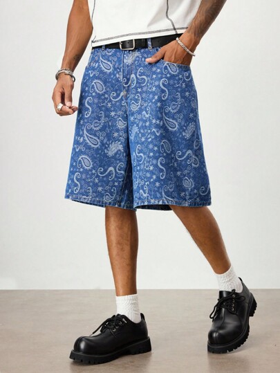 Street Life شورتات جينز صيفية كاجوال متعددة الاستخدامات بجيب على شكل زهرة الكاجو وخصر واسع للرجال