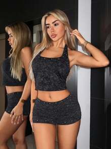 SHEIN ICON Damen Vintage Distressed Metall Ösen Ärmelloses Rückenfreies Crop Top und Super Tief Sitzende Super Kurze Shorts im Western Stil Sexy 2-teiliges Set, Damen Shorts Sets 2-teilig, Damen Shorts Sets mit Nieten - Grau - Übersicht 5