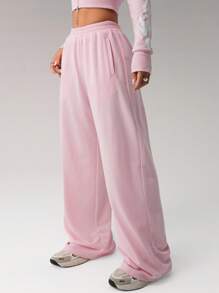 SHEIN ICON Pink Wide-Leg Knitted Sweatpants With Pockets Extra Long For Casual Comfort - Pink - View 4