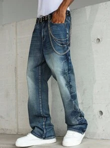 Manfinity EMRG Men's Light Blue Washed Stretch Skinny Fit Fashionable Denim Wide Leg Jeans, Emo Style - Medium Wash - View 1
