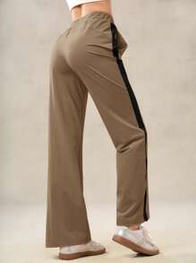 OutZeal Pantalon large à fente latérale avec blocs de couleurs stretch et toucher frais, pour un usage quotidien et décontracté pour femmes - Tabac - Voir 9