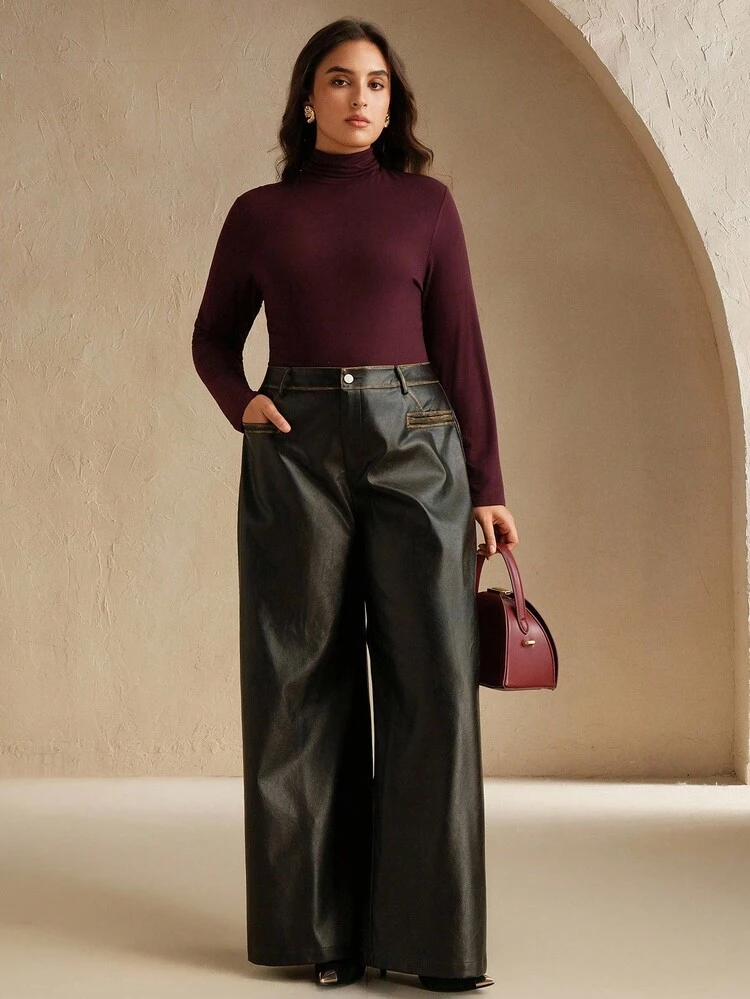 Top à col roulé en tricot élastique à manches longues pour femmes grandes tailles, polyvalent pour le travail et les tenues décontractées, printemps/automne