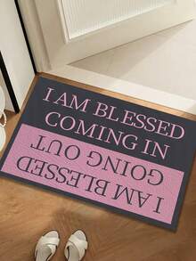 SHEIN 1pc Lightweight Anti-Slip Mat, Gray With Pink, Letter Print Doormat, Humorous Print, Durable Anti-Dirty & Absorbent, Short Plush, Machine Washable & Ironable, Easy Care, Suitable For House/Bedroom Entrance, Barn Exterior - Multicolor - View 6