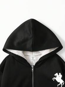 SHEIN 青少年女孩休闲时尚黑色针织连帽毛绒运动衫 - 黑色 - 查看 4