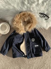 SHEIN 男婴保暖加厚外套，舒适百搭，休闲时尚，日常实用风格，带人造毛领连帽，长袖绗缝外套，适合室内、室外、日常、运动、玩耍、派对、假日、返校季、街头穿搭、秋冬季穿着。 - 藏蓝色 - 查看 5