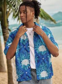 ROMWE MEN The White Lotus Camisa casual de manga corta con botones delanteros y estampado floral - Azul - Ver 4