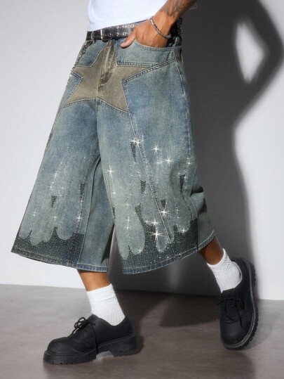 Grunge Punk Pantalones cortos de hombre con decoración de estrella de cinco puntas y llama de strass, adecuados para uso diario en primavera/verano