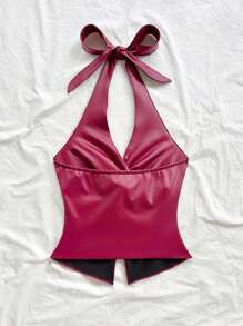 Soleia 度假时尚性感蝴蝶结吊带扭纹下摆开衩露背背心，仿皮，波西米亚风，波西米亚风，浪漫花卉仿皮上衣红色吊带上衣酒红色吊带上衣