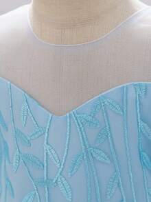 Glamorique Kids Baby Girls Light Blue Floral Summer Elegant Flower Girl Puff Sleeve Bow Embroidery Mesh Tulle Princess Dress,Wedding Party 1st Birthday Puffy Dress - Blue - View 8
