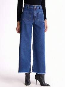 Daynim Calça Jeans Feminina Wide Leg Cropped Barra Desfiada - Lavagem Média - Visão 4