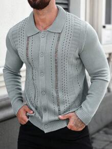 Manfinity Homme Cardigan Rajut Kasual Pria Lengan Panjang Warna Polos Kancing Tunggal Berlubang - MultiWarna - View 3
