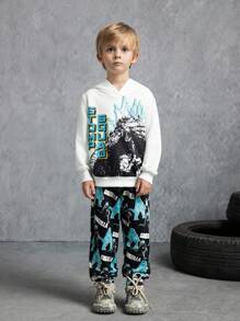 GODZILLAxKONG X SHEIN Bộ 2 chiếc/Bộ áo hoodie dài tay in chữ Monster cho bé trai và quần nỉ dáng rộng - Đen và trắng - Xem 9