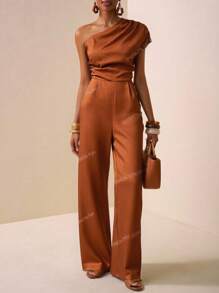 Zivah 2025 夏季新款休闲通勤度假气质棕色单肩褶皱阔腿长款女连体裤，毕业季，日常旅行，优雅，派对聚会，节日，早午餐装，机场装，返校，通勤，购物，旅行，约会，婚礼，度假 - 棕色 - 查看 9