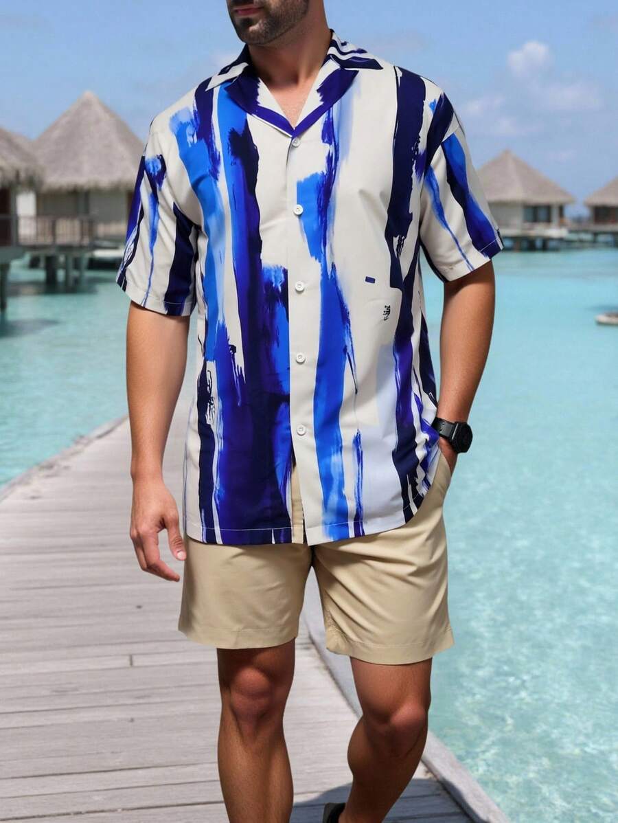 Palasendo Ensemble chemise et short de plage pour homme avec imprimé bicolore - Nude - Voir 1