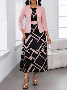 SHEIN Lady 女士优雅通勤纯色夹克和几何印花无袖连衣裙两件套 - 彩色 - 查看 6