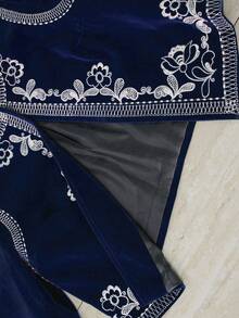 Aveloria Modichic 法式复古女式短外套，丝绒拼色刺绣，秋季西部复古 - 寶藍色 - 查看 7