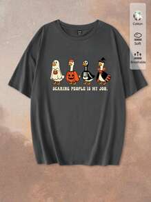 Tseoso 万圣节南瓜鸭图案超大宽松圆领短袖女式 T 恤，复古街头潮流，适合秋季、返校、派对