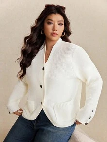 Elaquor 秋季大码女式休闲日常简约纯色单排扣开衫 - 杏色 - 查看 8