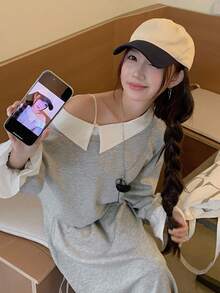 DAZY 女士不对称领长袖卫衣半裙两件套，秋冬款 - 深灰色 - 查看 3