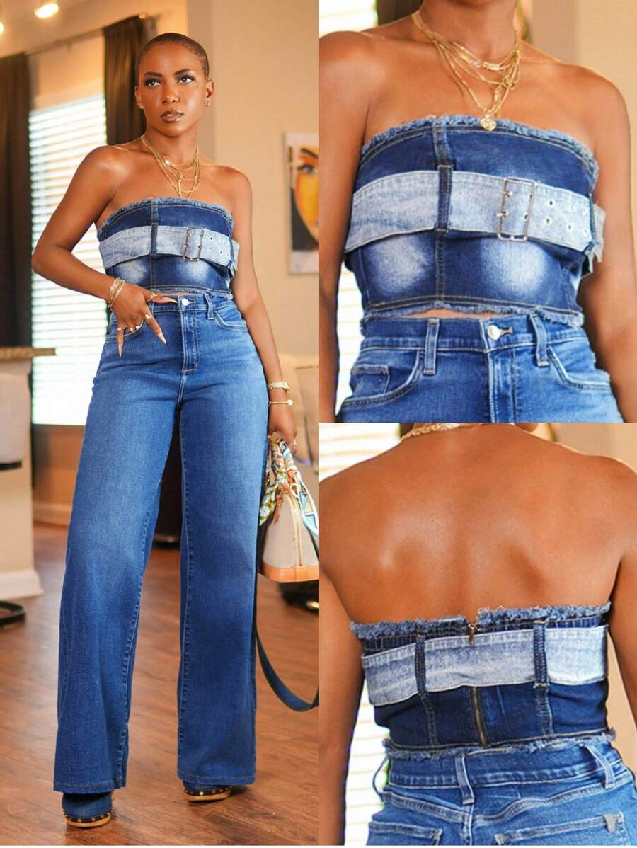 BamGleam Áo crop top denim buộc dây hở vai gợi cảm dành cho nữ - Rửa tối - Xem 1