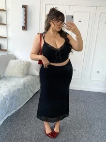 SHEIN EZwear 大碼高腰網紗覆蓋半身裙 - 黑色 - 查看 5