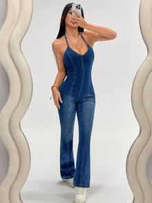 SHEIN PETITE Bộ đồ liền thân denim hở lưng thời trang dành cho nữ - Rửa tối - Xem 4