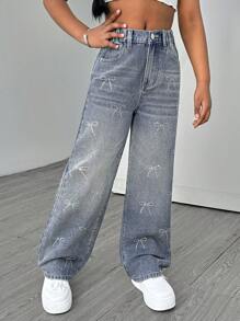 Sparklyn Tween Girls Vintage Distressed Flare Jeans With Butterfly Rhinestone Decor, Casual Washed Denim Pants - Medium Wash - View 3