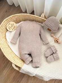 SHEIN Conjunto de pelele, mameluco y gorro de punto lindo para bebé recién nacida, versátil para otoño/invierno
