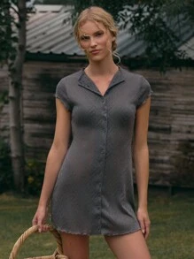 MUSERA Cap Sleeve Collared Fitted Waist Button Down Mini Dress Fall Cute Streetwear Festival Farmhouse Country Vintage Fall Autumn Evening Fall - Grey - View 2
