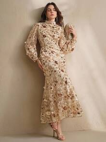 Anewsta Váy màu sâm panh thanh lịch với lưới hoa 3D, sequin, thích hợp cho tiệc tùng, hẹn hò, nghỉ dưỡng - Rượu sâm banh - Xem 5