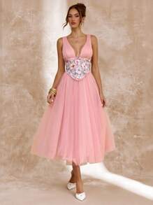 SHEIN BAE Spring & Summer Solid Pink Puff Skirt Floral Sequined Elegant Mid-Length Princess Dress, Perfect For Brunch, Bridesmaids Gown, Guest Attire, Graceful Dress