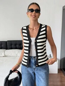 SHEIN Frenchy Women's Casual Fashionable Versatile Striped Button-Front Knit Sweater Vest Knit Top Sweater Tank Top Women Sweater Vest For Women Knitted Top Striped Knit Vest Women Knit Vest ,Suitable For Daily Commuting. Autumn Layering, Autumn And Winter New Arrivals.,For Everyday Wear And Back To School, Fall Women Clothes,Cute Tops,Going Out Tops Women,Old Money Style Women,Homecoming Sweater ,All-Season - Multicolor - View 6