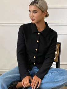 DAZY Women's Solid Color Fitted Elegant Vintage Collar Long Sleeve Textured Fabric T-Shirt, Autumn/Winter - Black - View 5
