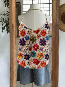 EMERY ROSE Plus Size Women Floral Print Lace Collar V-Neck Camisole And Tank Top, Casual & Holiday Woman S Summer Clothes Flower Tank Top Boho Tank Top Women Suitable For Going Out,Spring/Vacation - Multicolor - View 4