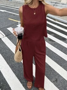 Serisse 2 件套女式纯色无袖背心和裤子套装，休闲时尚，适合日常穿着