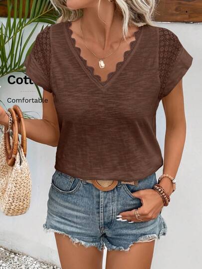 SHEIN Frenchy Solid Color V-Neck Shell Trim Casual Versatile Short Sleeve T-Shirt Brown Summer Casual Brown