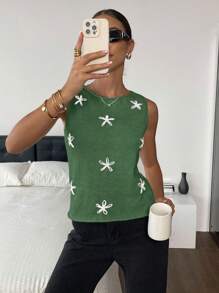 SHEIN Frenchy Áo len cổ tròn họa tiết hoa giản dị dành cho nữ mùa thu/đông - màu xanh lá - Xem 5