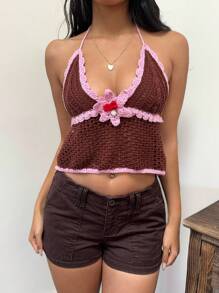 SHEIN EZwear Women's Vacation Casual Contrast Color Trim Backless Halter Knit Top - Brown - View 1