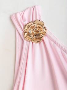 Sweetra 女式夏季简约金属装饰不对称肩部荷叶边下摆连衣裙