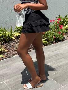 Alexandranx Women Black Velvet Cute Ruffle Layered Mini Skirt For Winter Party - Black - View 4