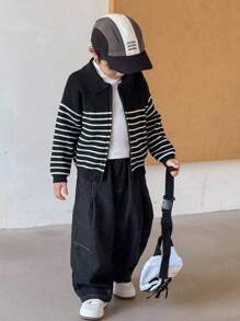 SHEIN 男童休闲黑白条纹前拉链针织夹克 - 黑與白 - 查看 8