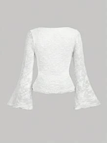 SHEIN MOD 大码女式白色文胸杯折领喇叭袖T恤 - 白色 - 查看 2