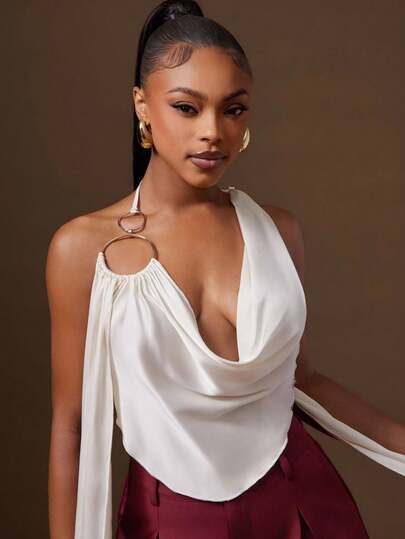 Denimoi Satin Backless Chain Strap Cowl Neck Halter Top With O Ring Hardware GNO Date Night