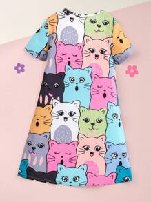 SHEIN Tween Girl Loose Casual Cat Pattern Splice Round Neck Pullover Dress - White - View 2