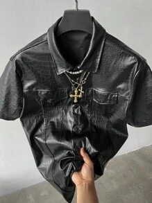 Manfinity LEGND 男士休闲 PU 皮革黑色衬衫，街头通勤。 - 黑色 - 查看 1